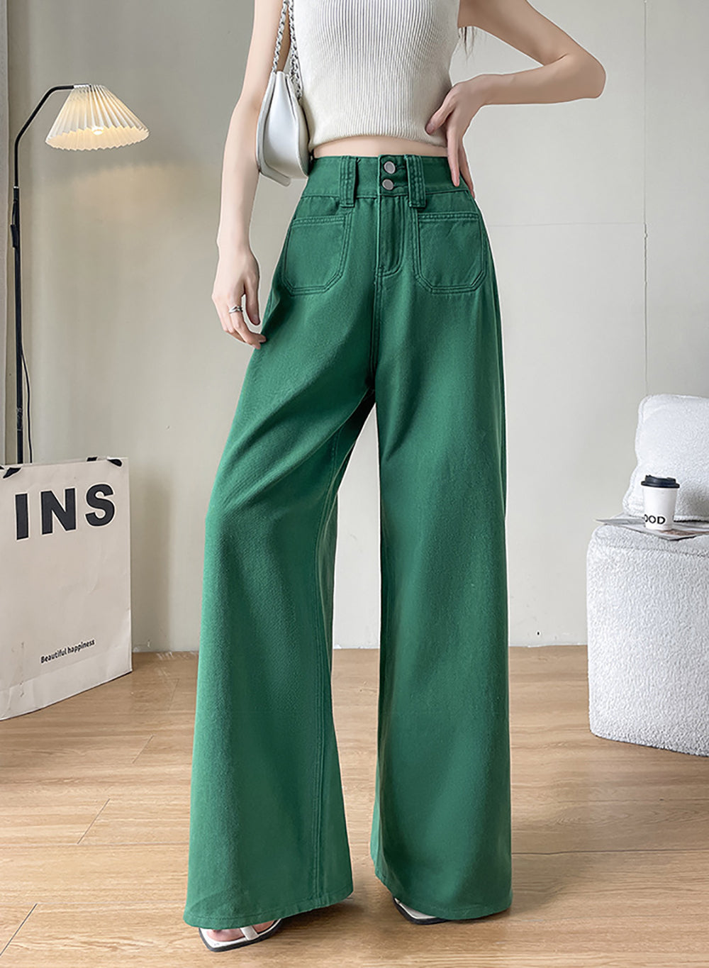 Women Wide Leg Slash Knee Jeans