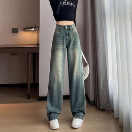 Women Wide Leg Slash Knee Heavy Fade Jeans