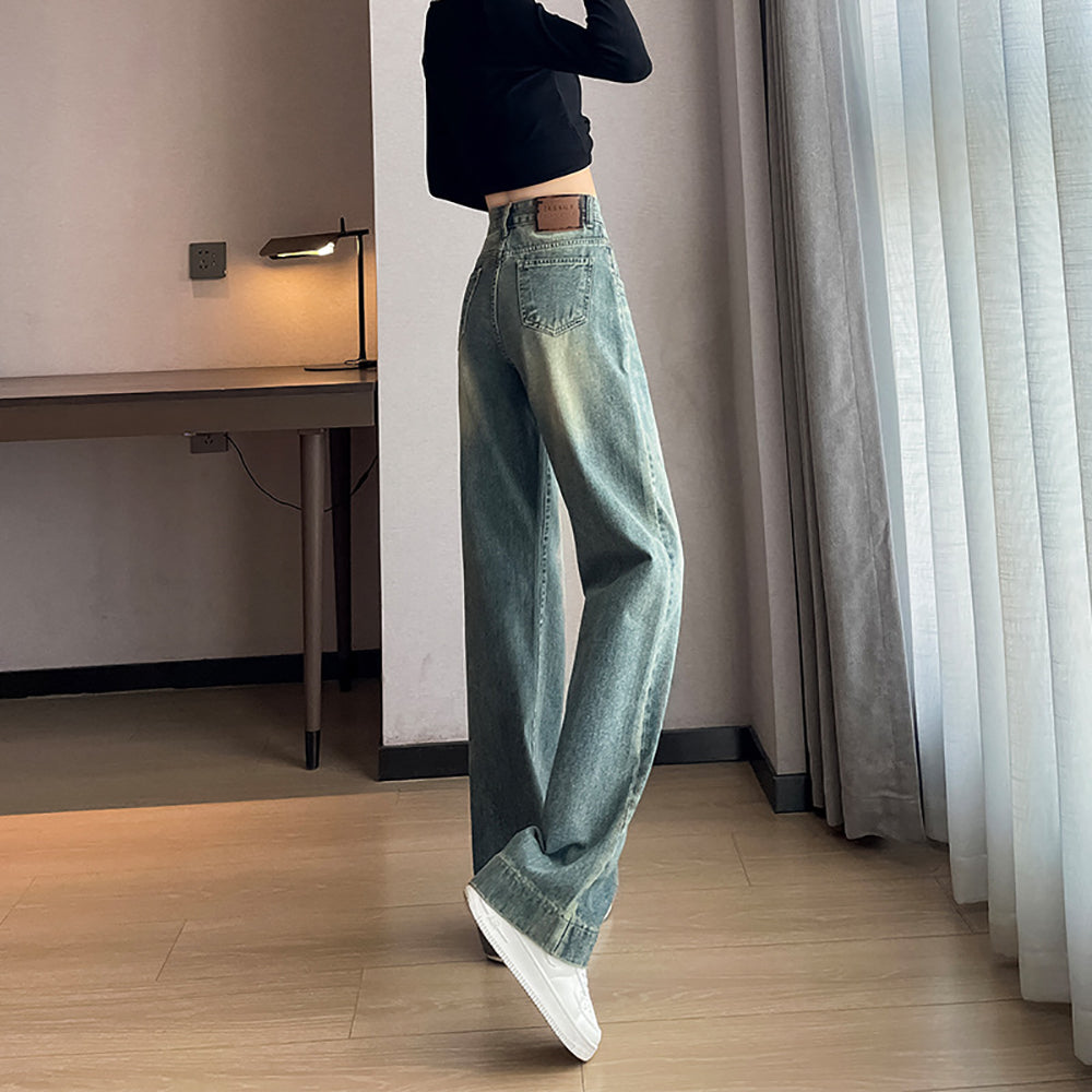 Women Wide Leg Slash Knee Heavy Fade Jeans
