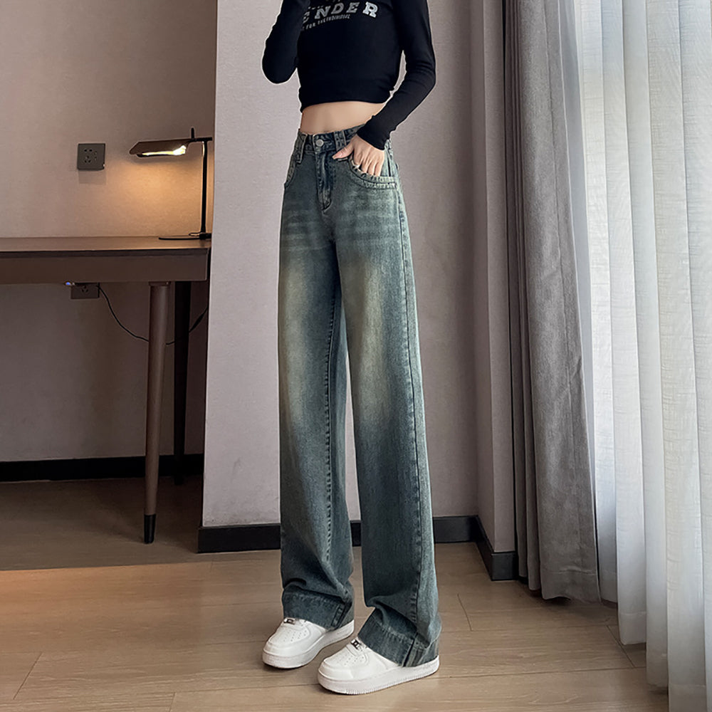 Women Wide Leg Slash Knee Heavy Fade Jeans