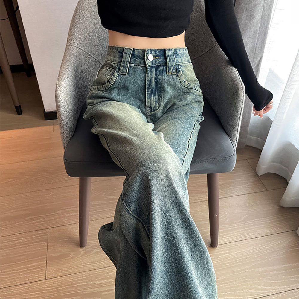 Women Wide Leg Slash Knee Heavy Fade Jeans