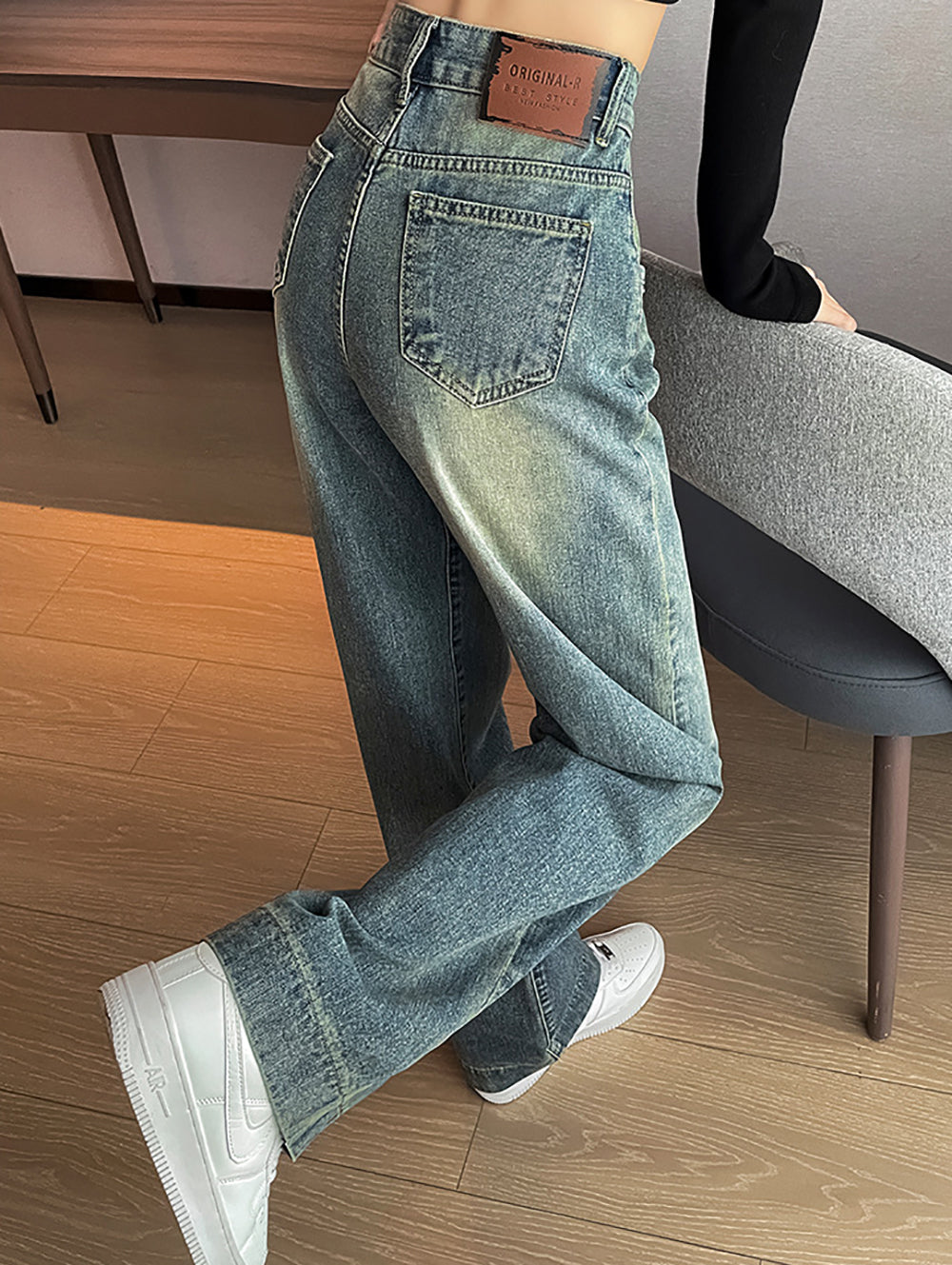 Women Wide Leg Slash Knee Heavy Fade Jeans