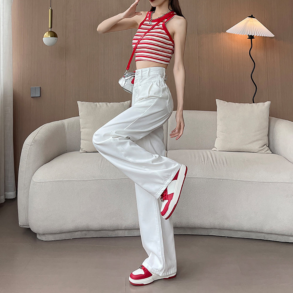 Women Wide Leg Slash Knee Heavy Fade Jeans