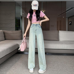 Women Wide Leg Slash Knee Heavy Fade Jeans