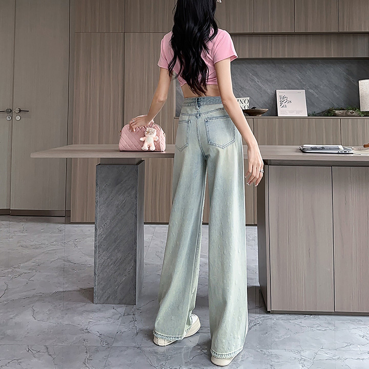 Women Wide Leg Slash Knee Heavy Fade Jeans