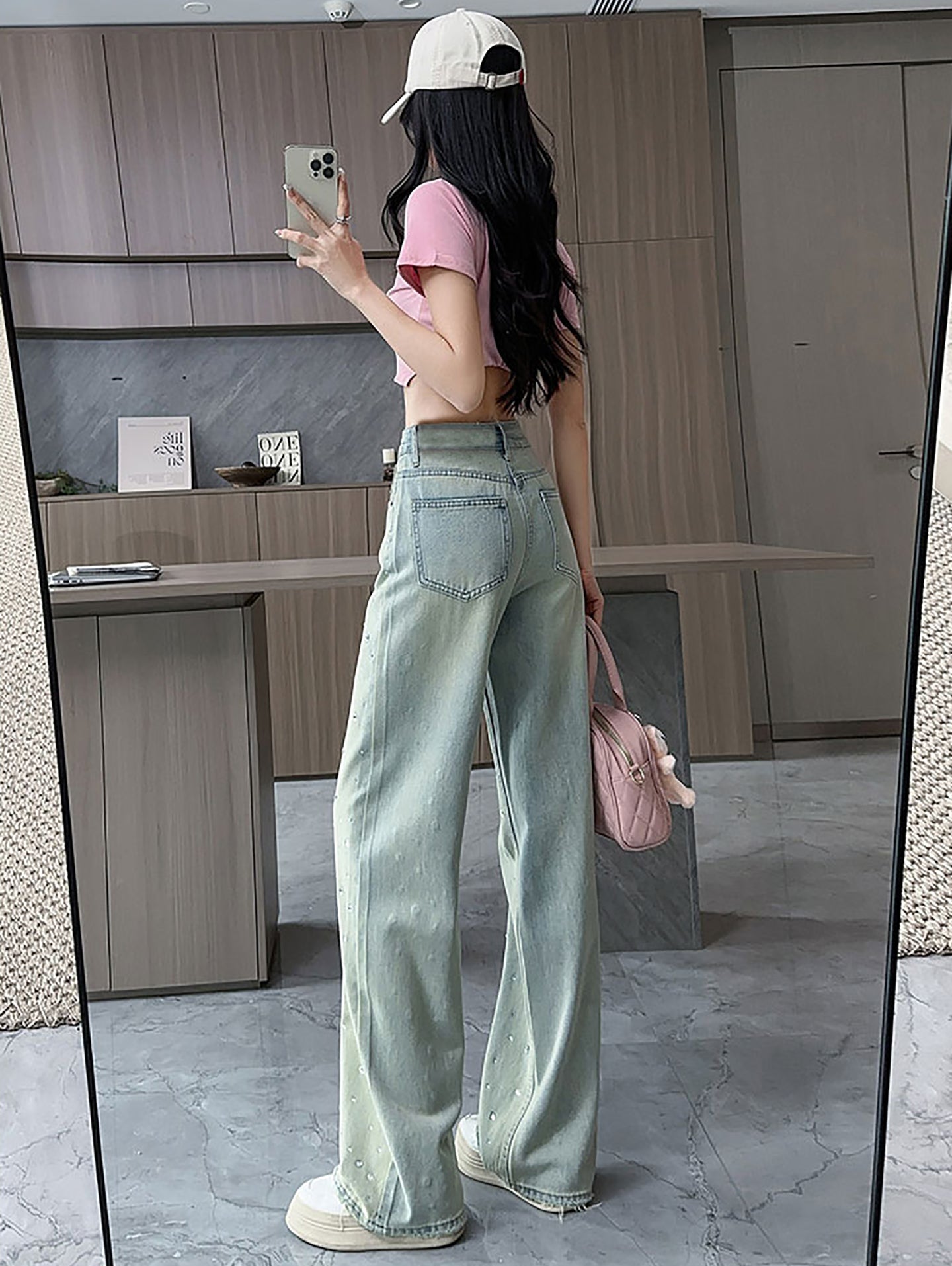 Women Wide Leg Slash Knee Heavy Fade Jeans