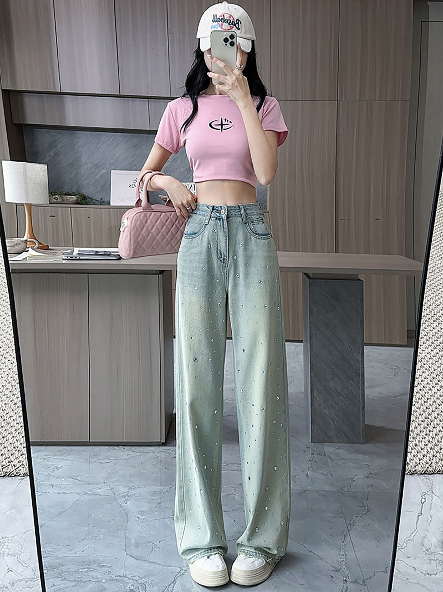 Women Wide Leg Slash Knee Heavy Fade Jeans