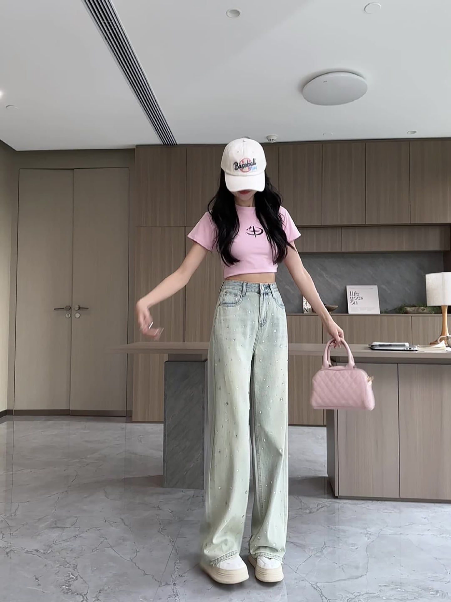 Women Wide Leg Slash Knee Heavy Fade Jeans