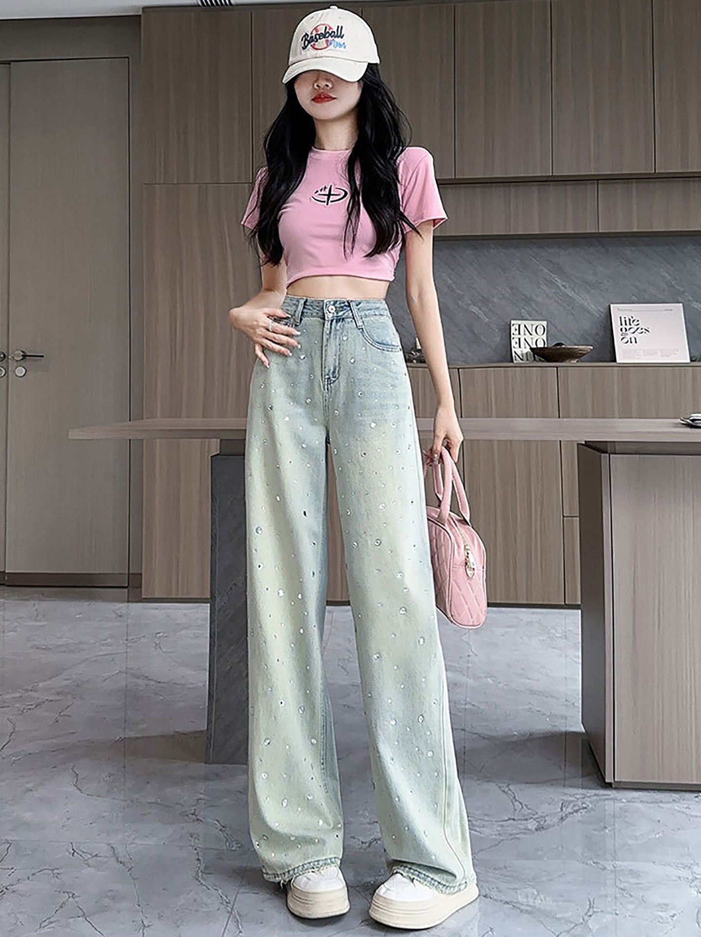 Women Wide Leg Slash Knee Heavy Fade Jeans