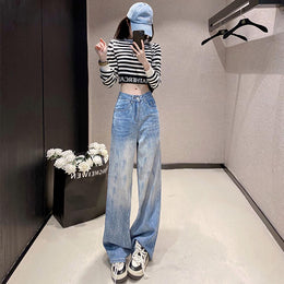 Women Wide Leg Highly Distressed Heavy Fade Jeans