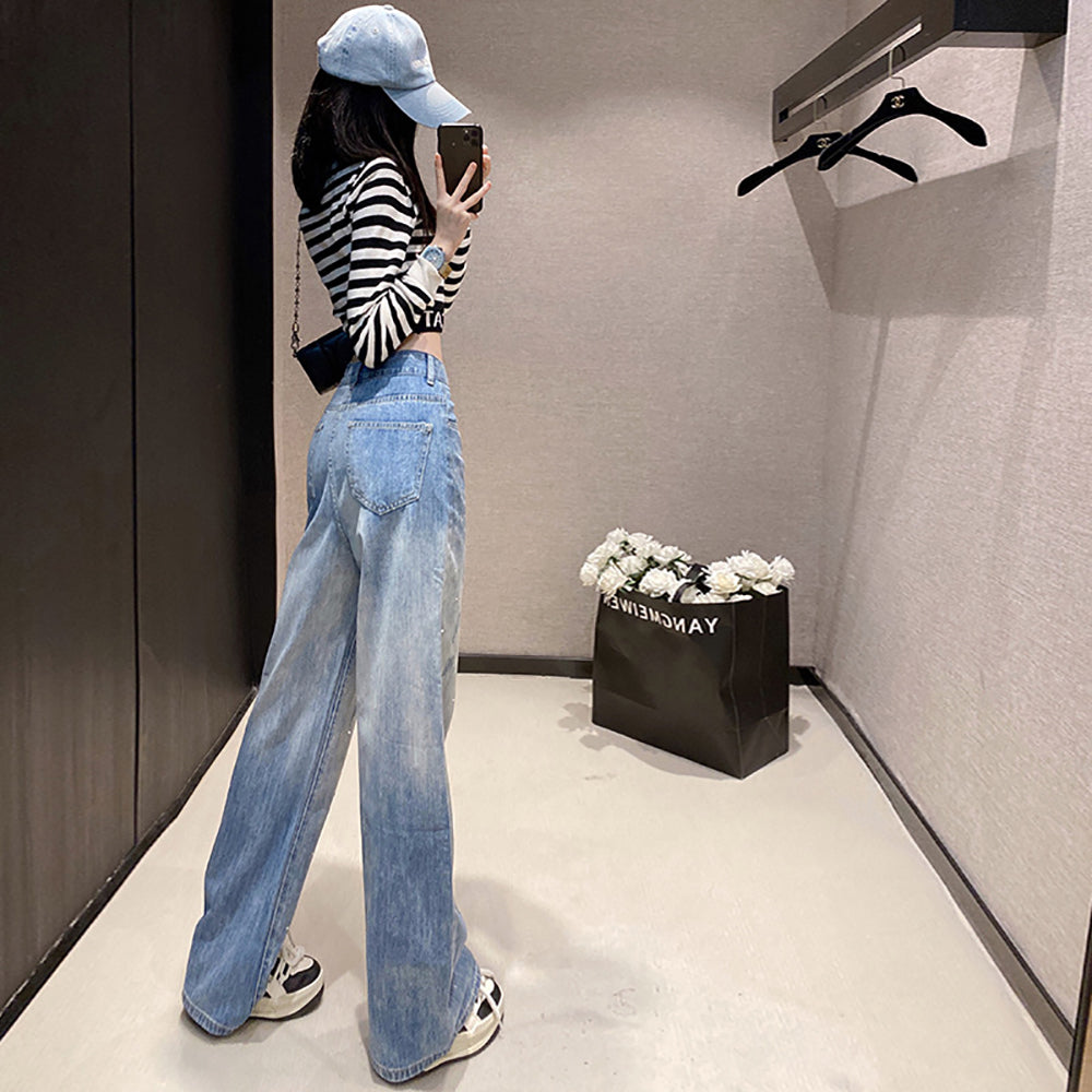 Women Wide Leg Highly Distressed Heavy Fade Jeans