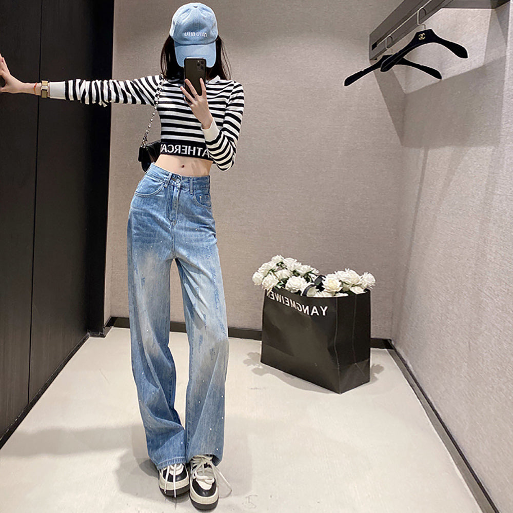 Women Wide Leg Highly Distressed Heavy Fade Jeans