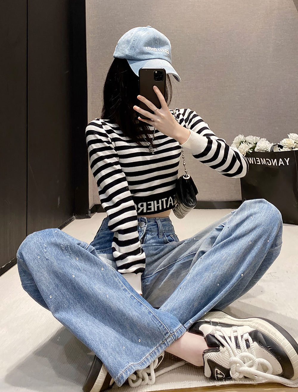 Women Wide Leg Highly Distressed Heavy Fade Jeans