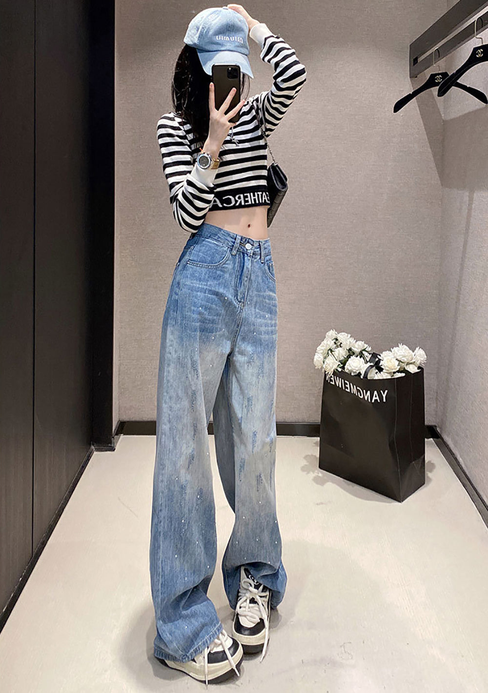 Women Wide Leg Highly Distressed Heavy Fade Jeans