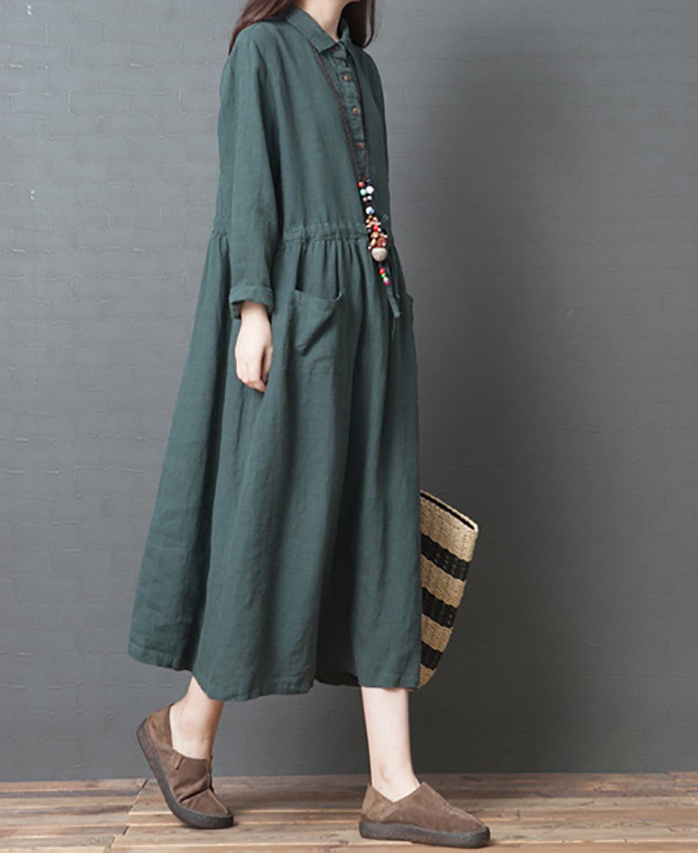 Women Shirt Collar Maxi Midi Dress