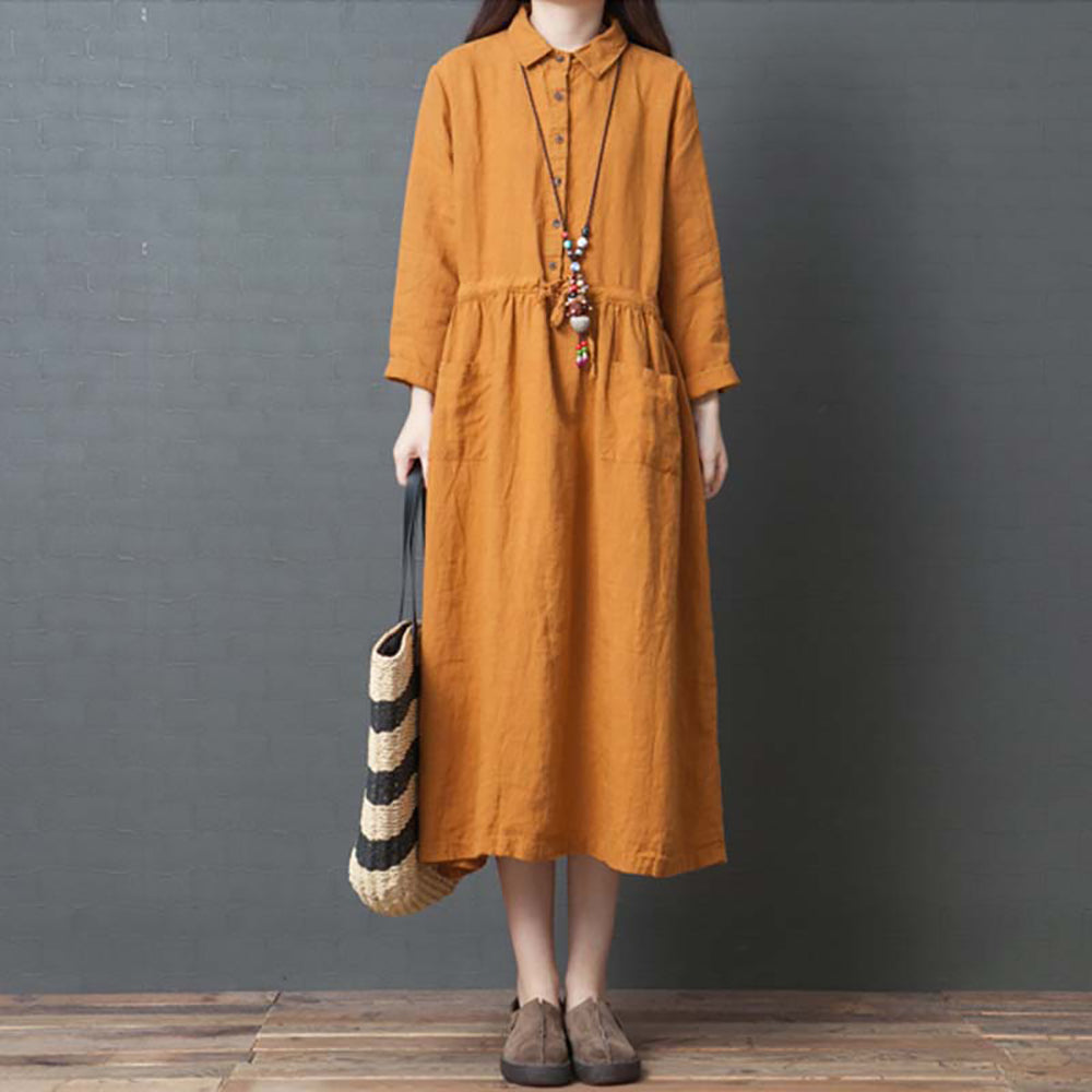 Women Linen Solid Fit and Flare Midi Dress