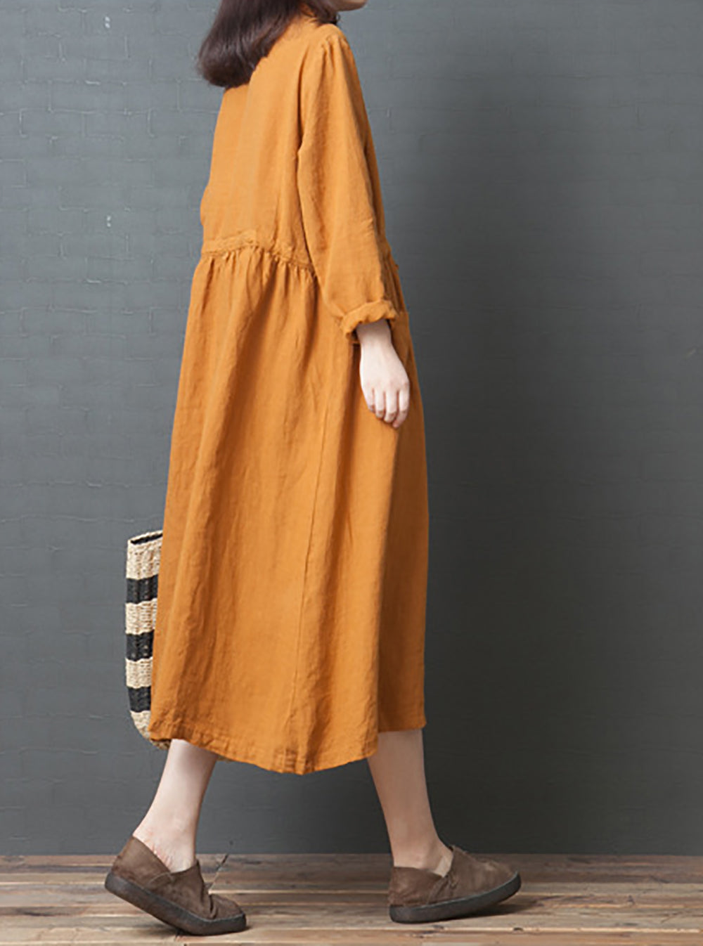 Women Linen Solid Fit and Flare Midi Dress