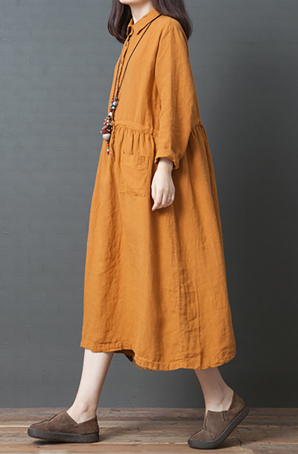 Women Linen Solid Fit and Flare Midi Dress