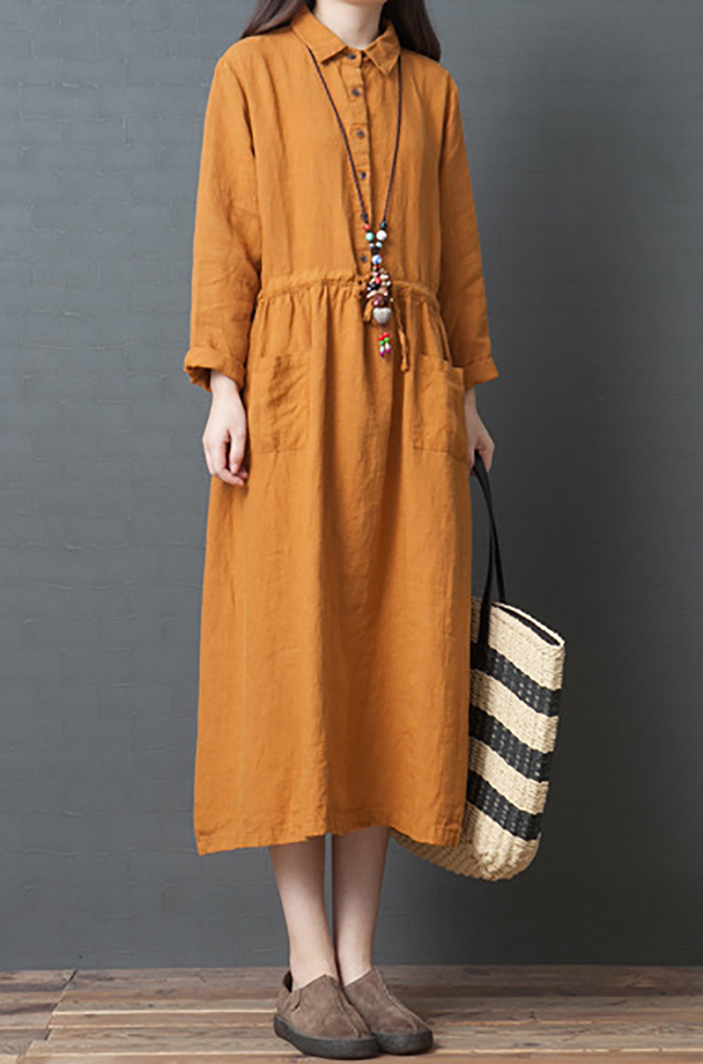 Women Linen Solid Fit and Flare Midi Dress