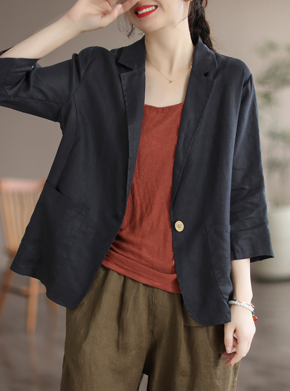 Women Linen Open Front Jacket