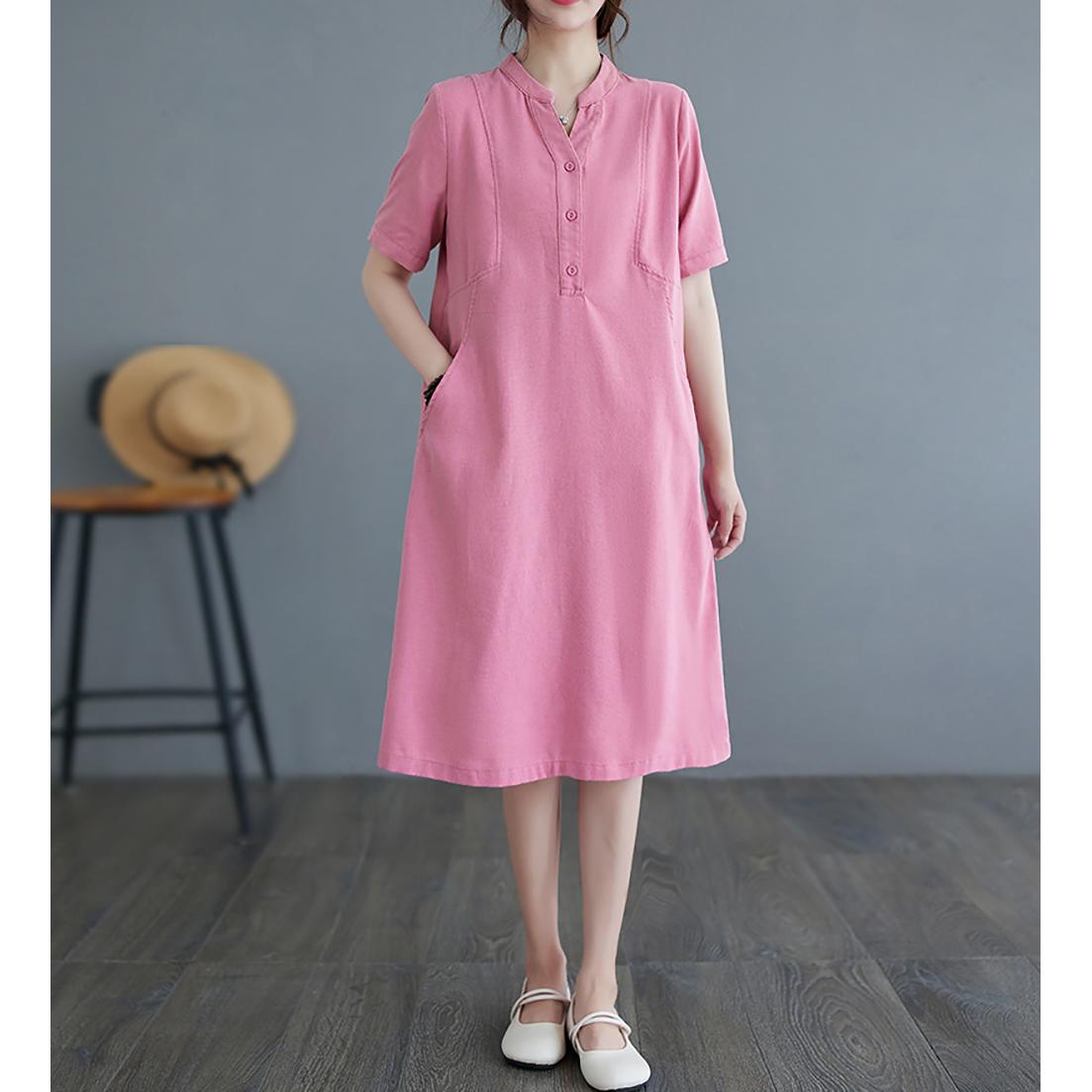 Women Mandarin Collar Shirt Midi Dress