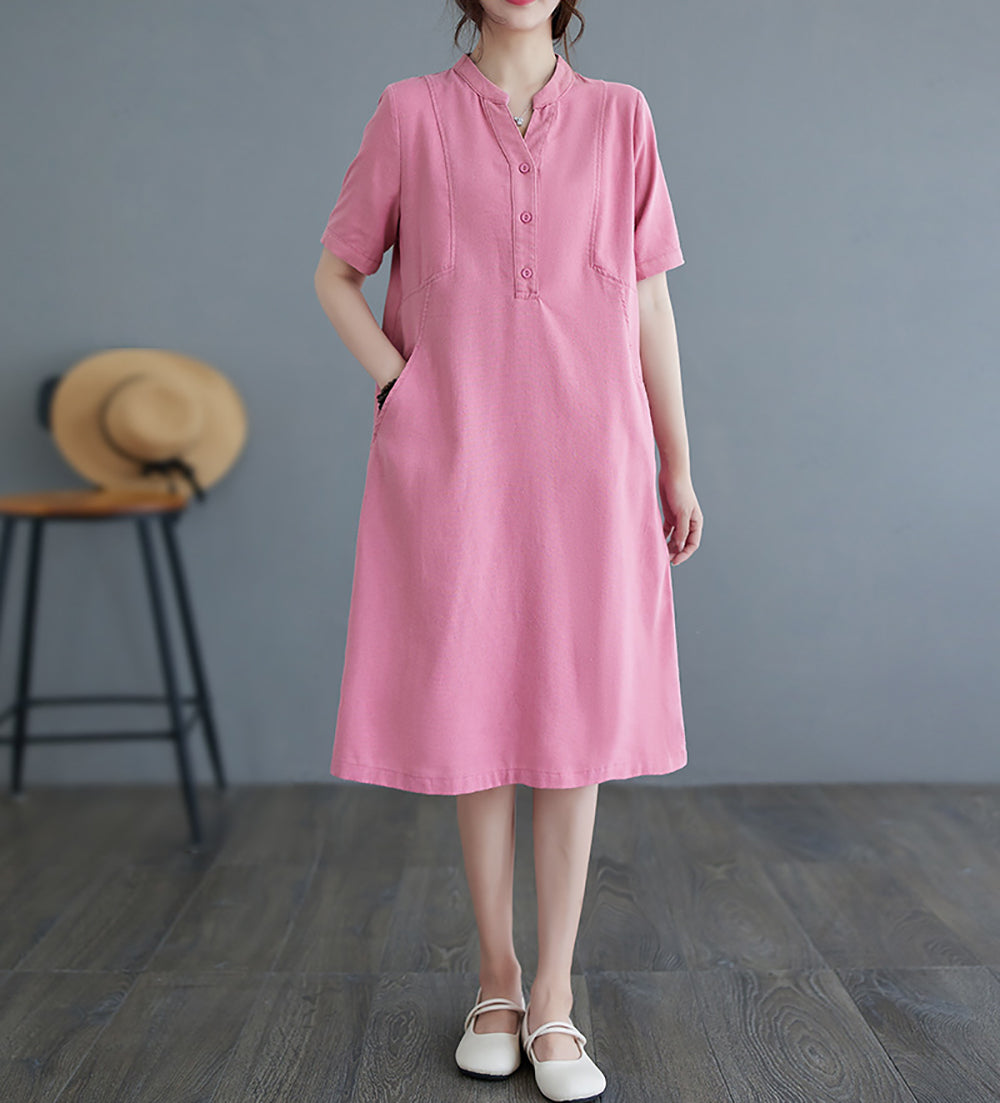 Women Mandarin Collar Shirt Midi Dress
