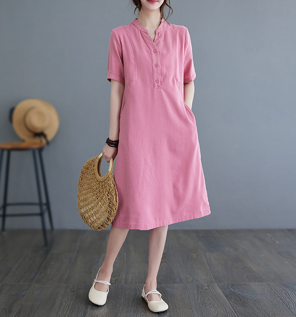 Women Mandarin Collar Shirt Midi Dress
