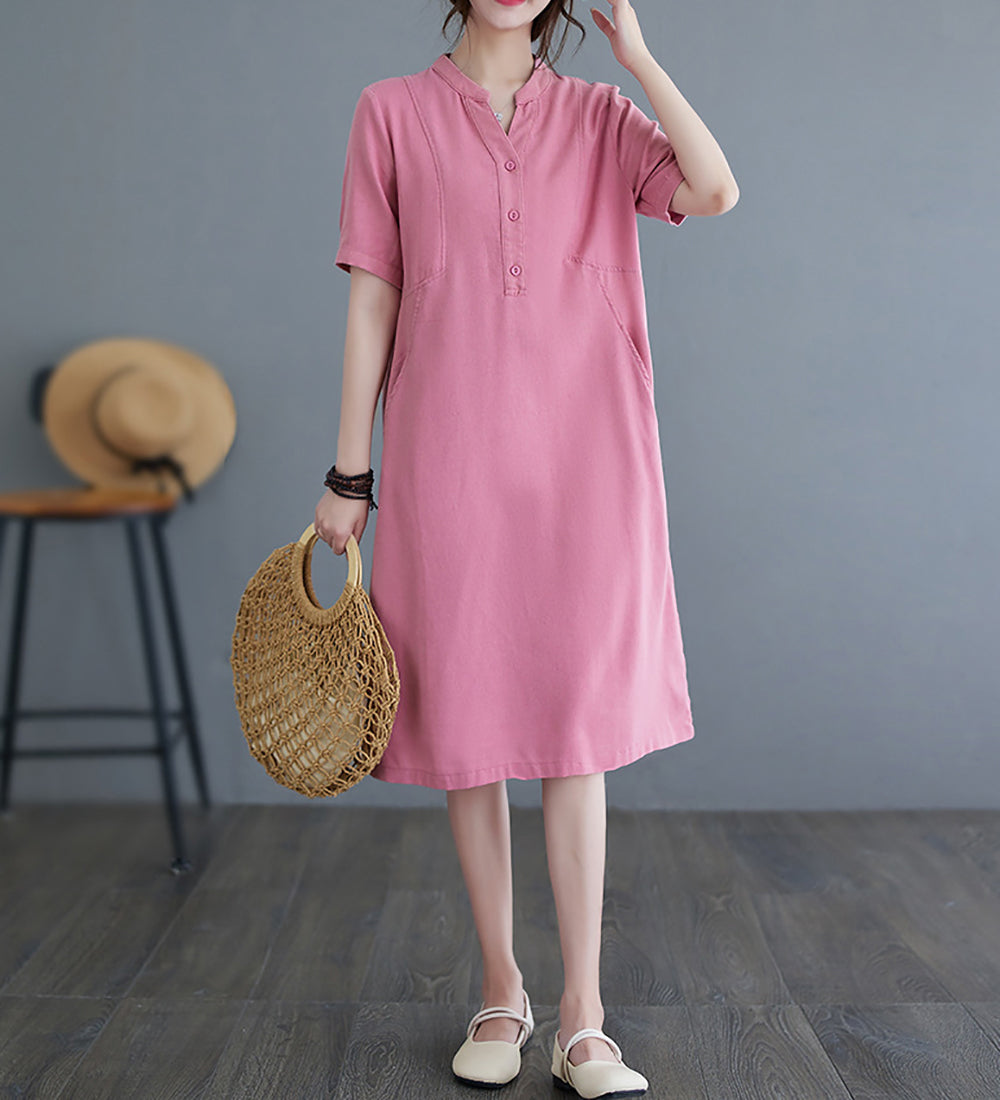 Women Mandarin Collar Shirt Midi Dress