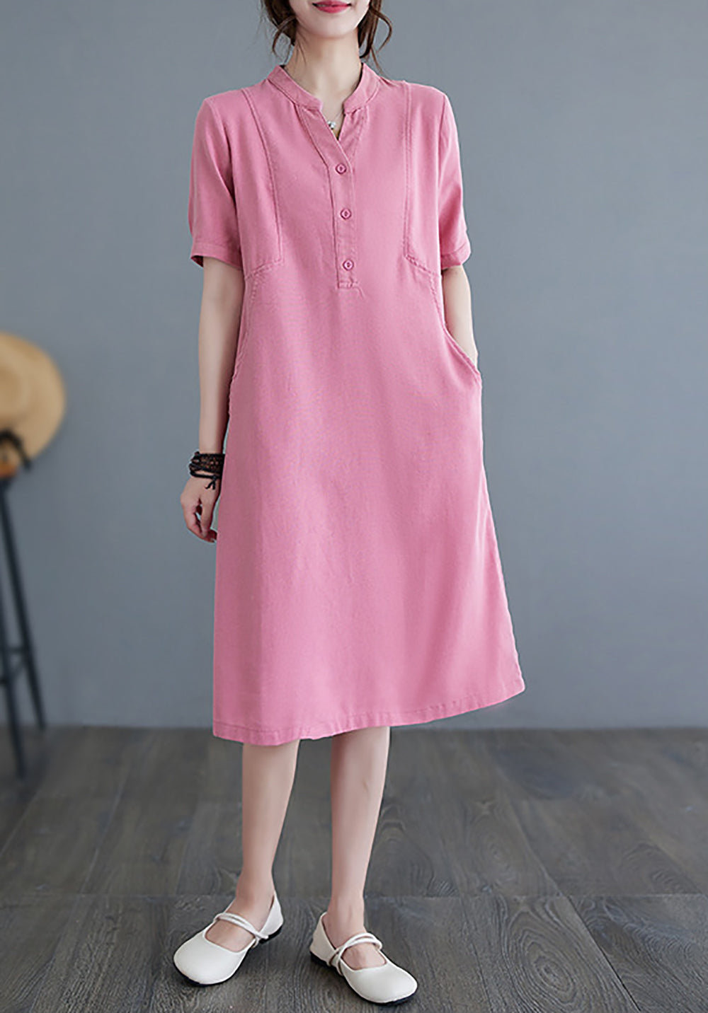 Women Mandarin Collar Shirt Midi Dress