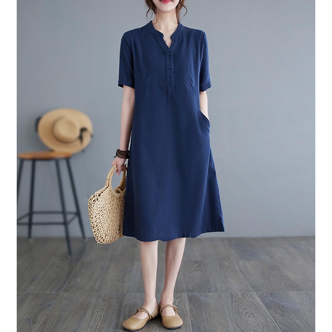 Women Solid Shirt Collar Midi Shirt Dress