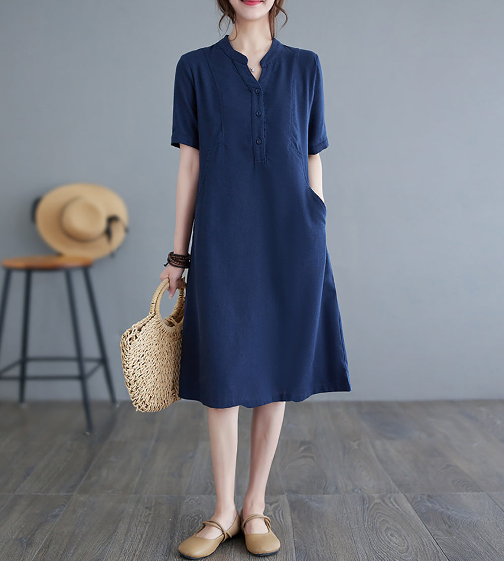 Women Solid Shirt Collar Midi Shirt Dress