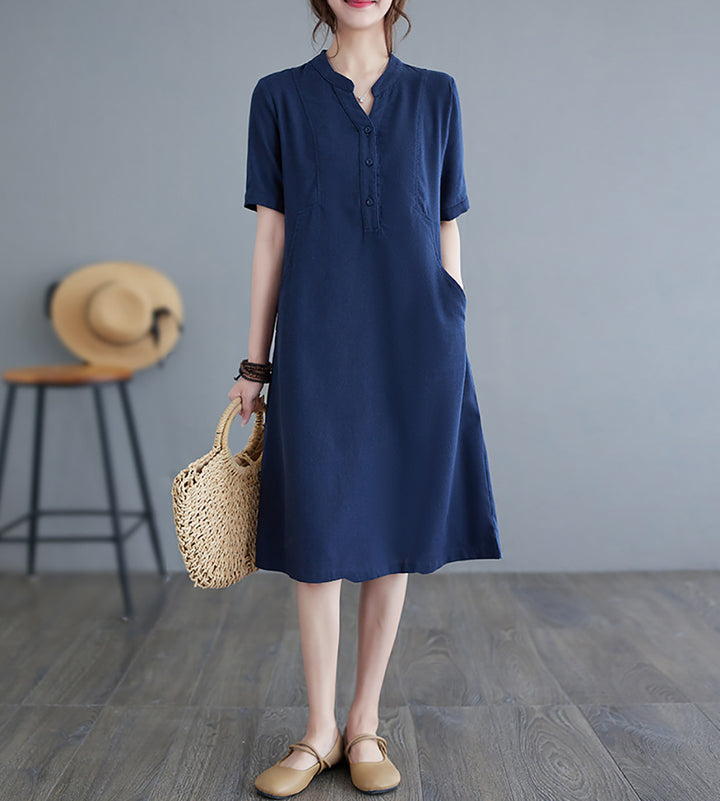 Women Solid Shirt Collar Midi Shirt Dress