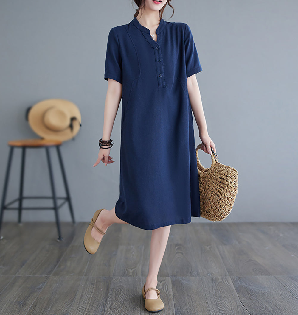 Women Solid Shirt Collar Midi Shirt Dress