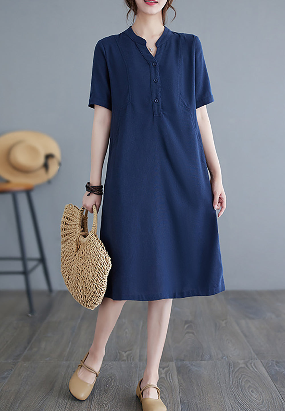 Women Solid Shirt Collar Midi Shirt Dress