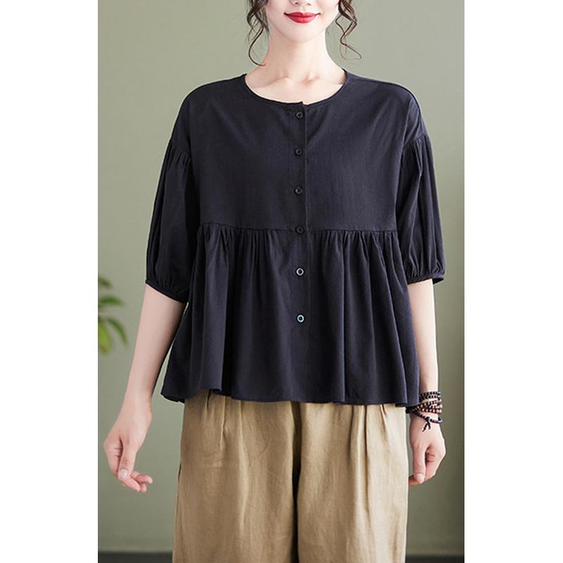 Women Puff Sleeve Round Neck Cotton Peplum Top
