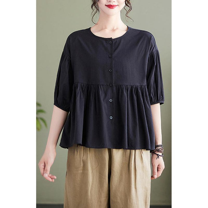 Women Puff Sleeve Round Neck Cotton Peplum Top