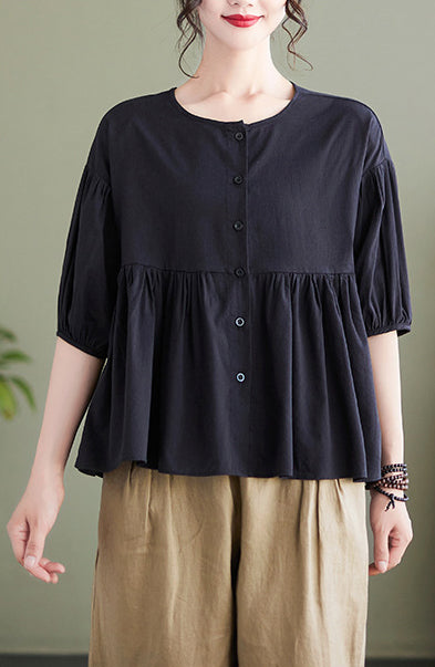 Women Puff Sleeve Round Neck Cotton Peplum Top