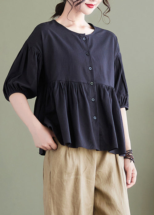 Women Puff Sleeve Round Neck Cotton Peplum Top