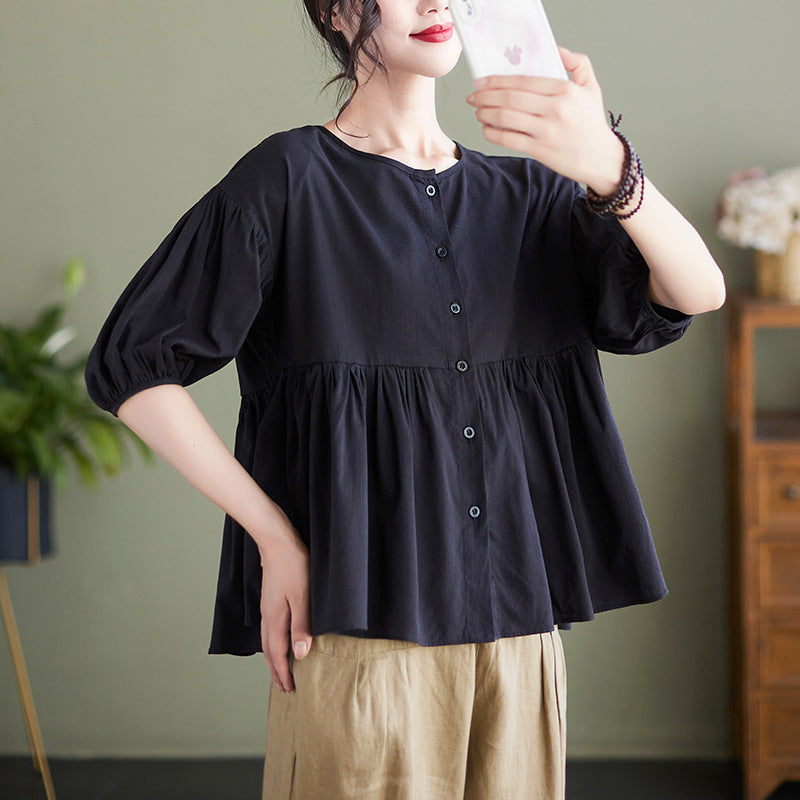 Women Puff Sleeve Round Neck Cotton Peplum Top