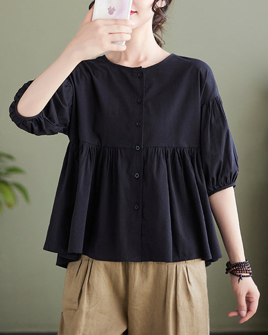 Women Puff Sleeve Round Neck Cotton Peplum Top