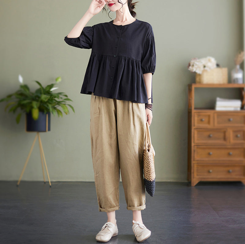 Women Puff Sleeve Round Neck Cotton Peplum Top