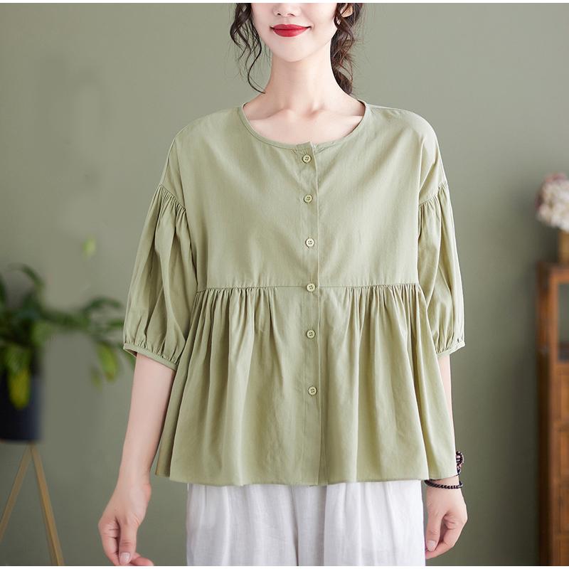 Puff Sleeves Pleated Cotton Shirt Style Top