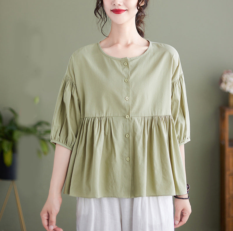 Puff Sleeves Pleated Cotton Shirt Style Top