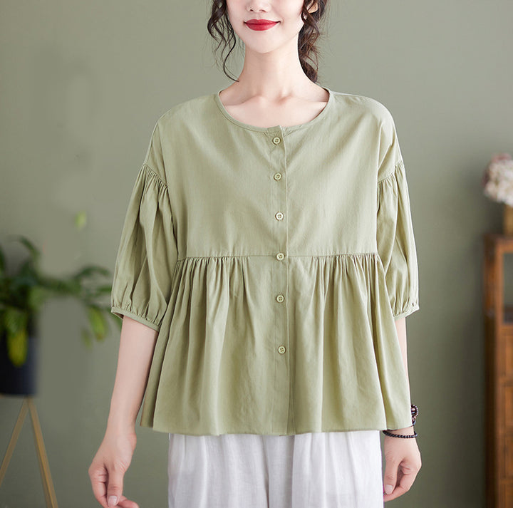 Puff Sleeves Pleated Cotton Shirt Style Top