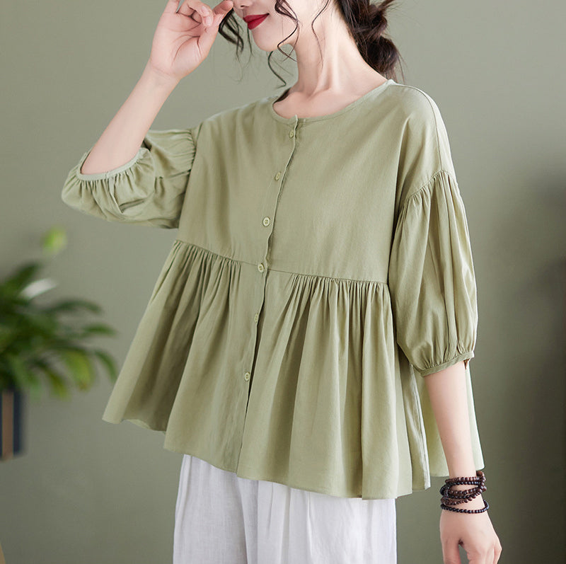 Puff Sleeves Pleated Cotton Shirt Style Top