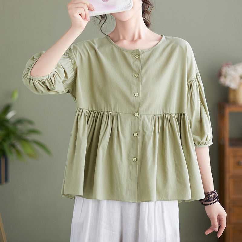 Puff Sleeves Pleated Cotton Shirt Style Top