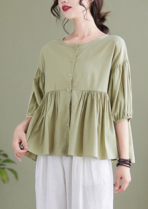 Puff Sleeves Pleated Cotton Shirt Style Top
