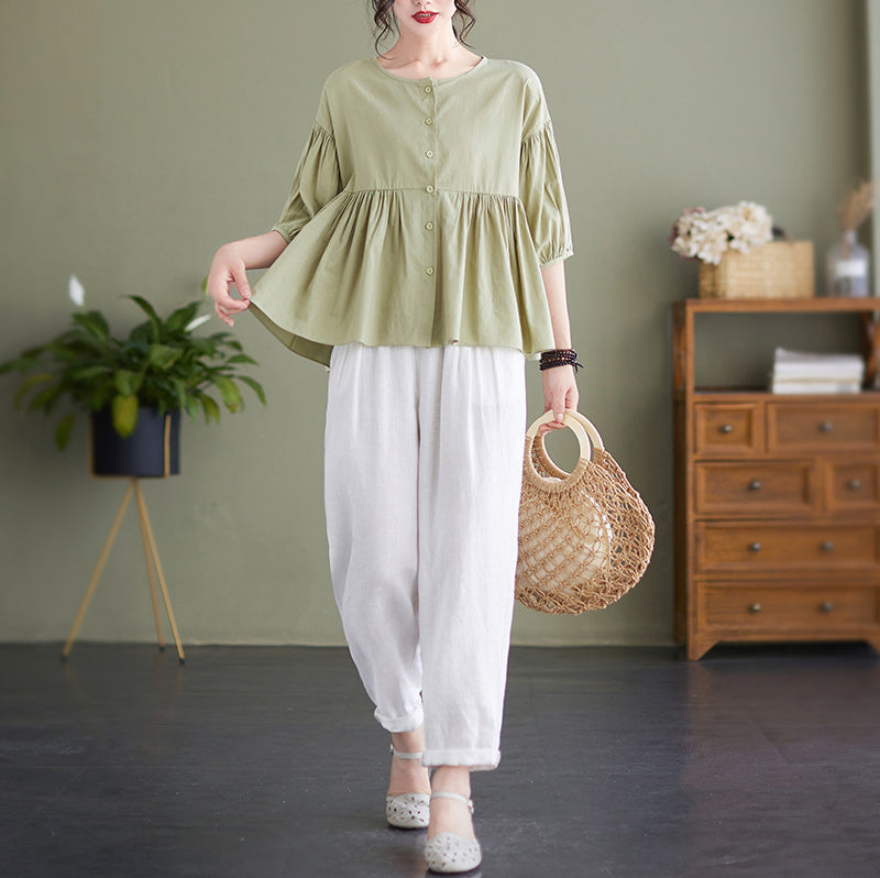 Puff Sleeves Pleated Cotton Shirt Style Top