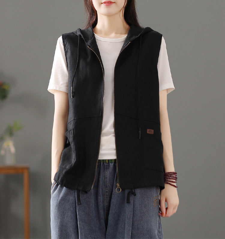 Hodded Sleeveless Cotton Tailored Jacket