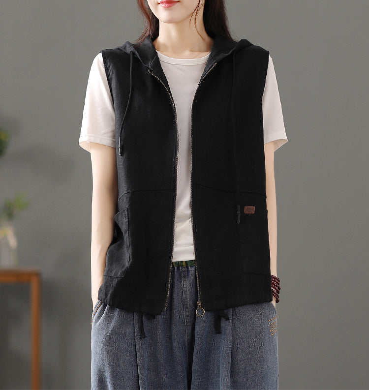 Hodded Sleeveless Cotton Tailored Jacket